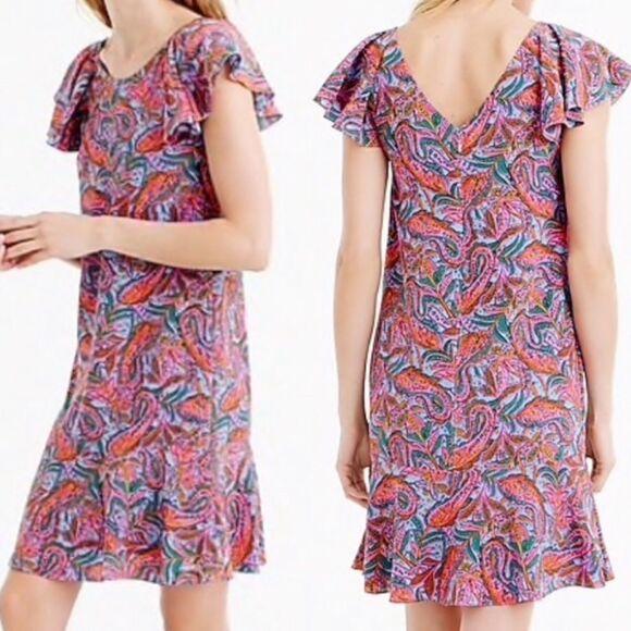 J. Crew Paisley Print Neon Silk Ruffle Hem Flutter Sleeve Dress SIZE 6 - Picture 1 of 6